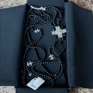 Chanel black pearl crystal necklace three strand long necklace